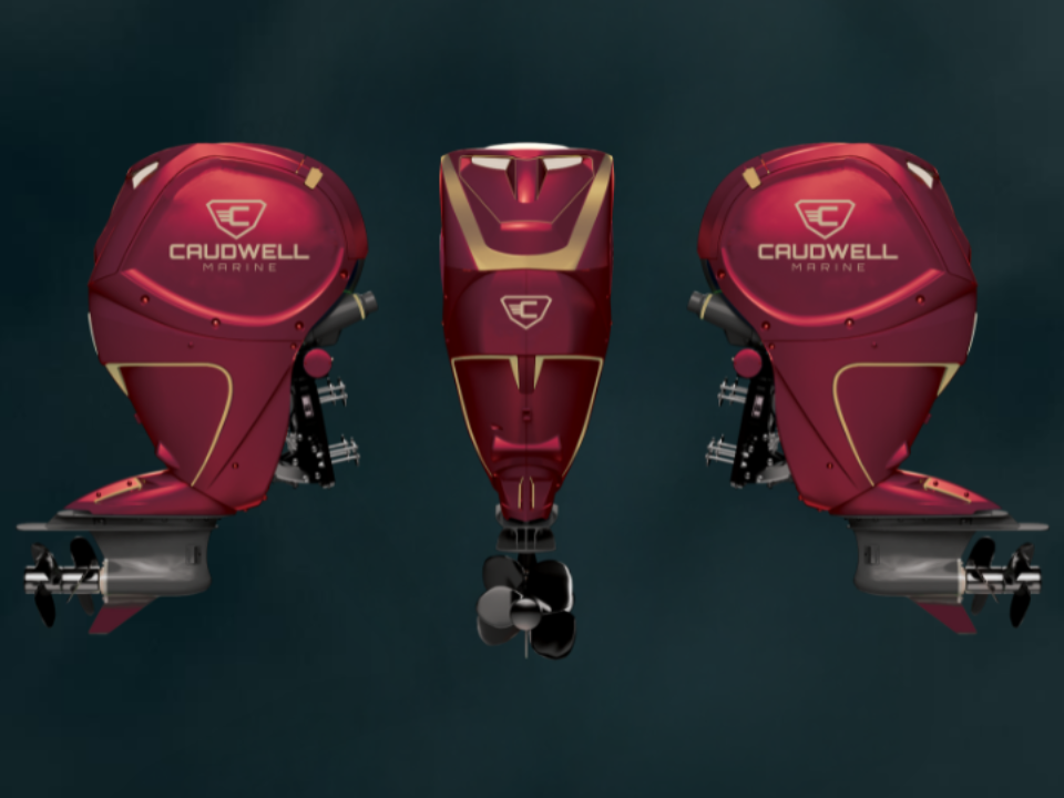 3 red AX300 Diesel Outboards from different views
